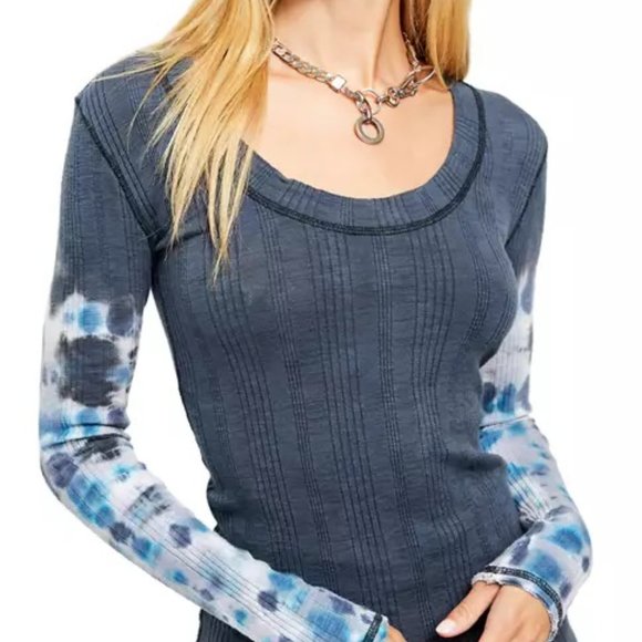 We The Free Tops - We the Free Charcoal Tie-Dye Big Sur Scoop Neck Ribbed Long Sleeve Top M